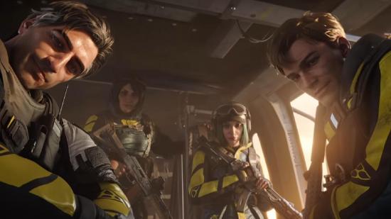 Rainbow Six Extraction How To Earn Milestone and Operator XP Fast: Four operators can be seen sitting in a helicopter.