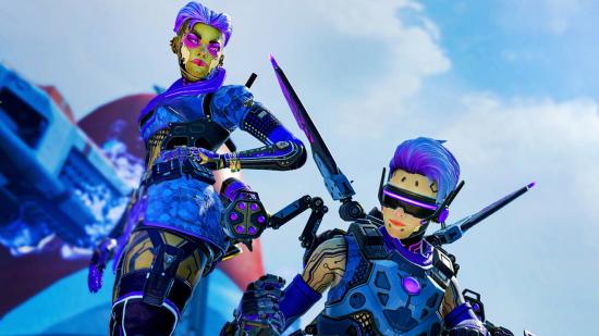 Apex Legends PS5 Xbox Series X Ratings: Lob and Valkyrie pose in Purple Reign Skins