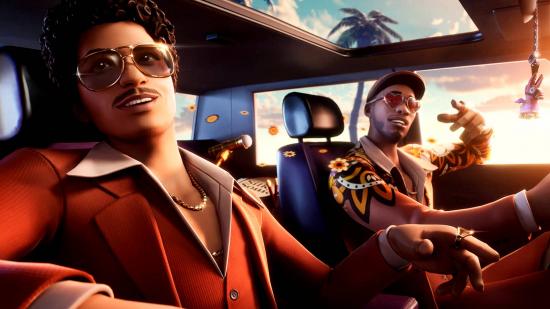Fortnite Silk Sonic Skins: Bruno Mars and Anderson Paak in Fortnite sitting in a car