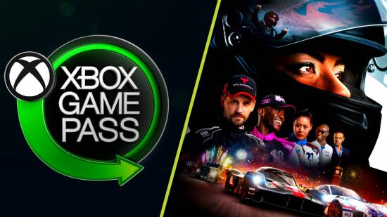 GRID Legends Game Pass Trial: The Game Pass Logo and the key artwork for GRID Legends, which shows a several racers in a row