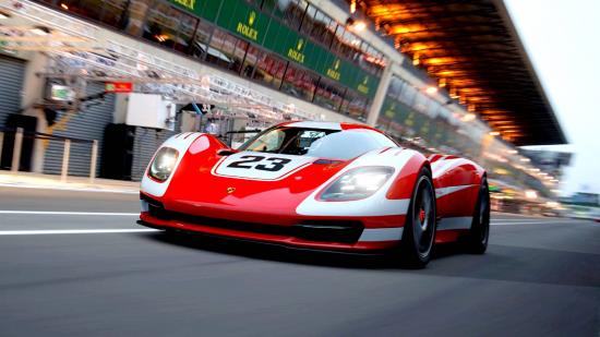 Gran Turismo 7 Track List: A classic red racing car speeding across the finish line