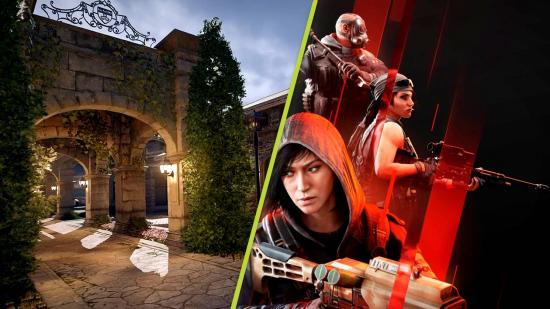 Rainbow Six Siege Year 7 Roadmap: An image of the new Siege map, the stables of a country club, and an image of three Siege operators in red