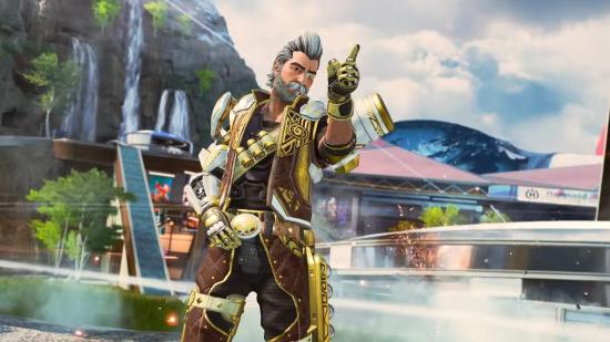 Apex Legends ranked season 12 maps: Legend Fuse, wearing a gold-plated outfit and sporting silver hair and facial hair, points at an out of shot enemy