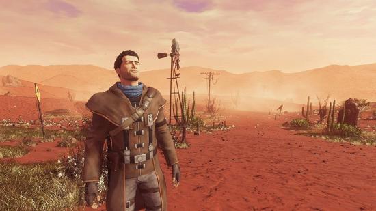 A screenshot from the game Beyond a Steel Sky. It features a man in a desert.