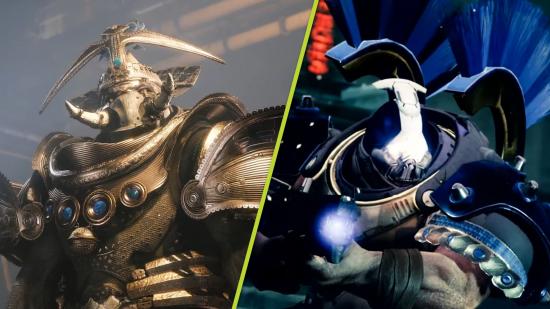 Two close up Destiny 2 screenshots of a Cabal soldier holding a gun, and Cabal leader Empress Caiatl in her golden armour