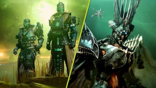 destiny 2 witch queen release time 1: Two images. On the left, two Guardians and on the right, the Witch Queen herself.