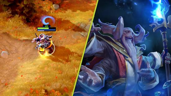 Dota 2 Primal Beast roar teaser: two images, on the left a Dota 2 player stunned and on the right, Agnahim of Agnahim's Labyrinth