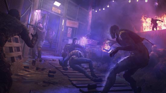 Dying Light 2 Best Crafting Items: Multiple humans can be seen dragging a person into safety from Infected, using UV lights.