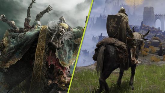 Elden Ring review scores: a split image showing a multi-limbed Elden Ring boss and your character riding on a horse