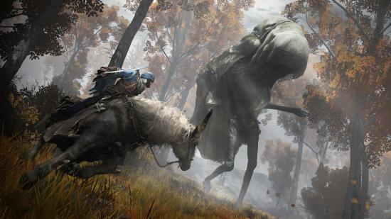 Elden Ring servers down: An Elden Ring character on horseback confronts a towering boss in a forest