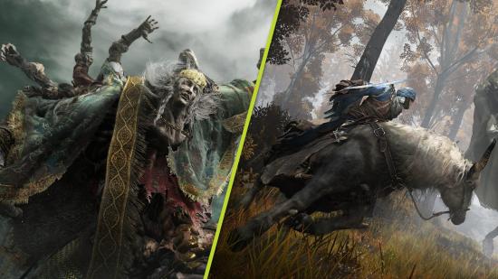 A split image of two Elden Ring screenshots. The first is of Elden Ring boss Margit the Fell Omen, and the second is of a warrior sitting atop a galloping horse