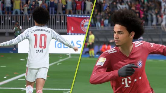 A split image of Leroy Sane in FIFA 22. In one image, he wears a white kit with his arms outstretched. In the second, he wears a red kit and is running for the ball
