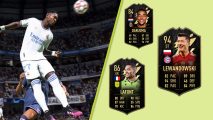 FIFA 22 TOTW 23: a split image showing a player heading a football and a selection of cards from TOTW 23