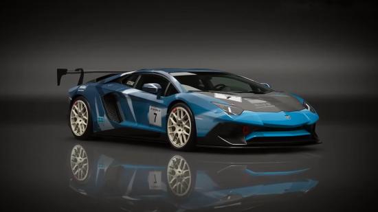 Gran Turismo 7 customisation: A blue and black Lamborghini race car set against a grey back drop