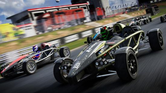 GRID Legends review: Two Aerial Atom race cars enter a corner side by side