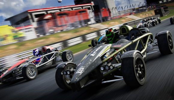 GRID Legends review: Two Aerial Atom race cars enter a corner side by side