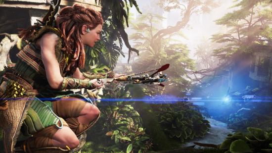 Horizon Forbidden West Best Weapons: Aloy can be seen preparing to aim her bow at a monster in the corner.