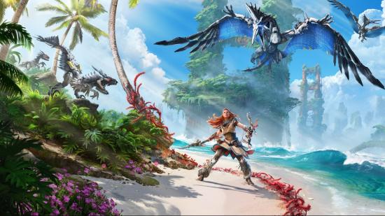 aloy from horizon forbidden west stands on a beach underneath a flying machine