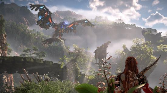 Horizon Forbidden West Fast Travel: Aloy can be seen looking at a Stormbird in the sky.
