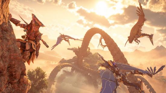 Horizon Forbidden West New machines: Sunwings can be seen as Aloy hangs on a rock.