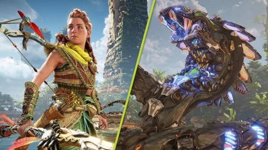 Horizon Forbidden West release time countdown: Aloy can be seen in one image, next to another image of a large snake-like machine.