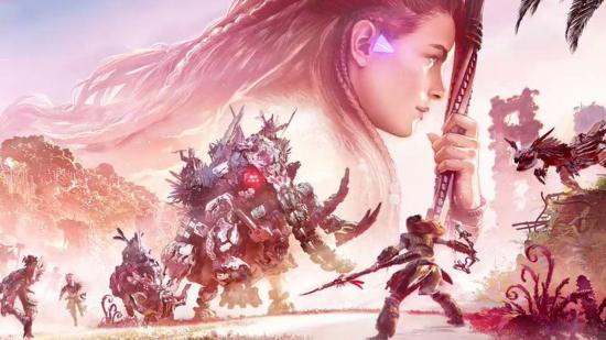 Horizon Forbidden West Reviews: Aloy can be seen fighting some machines, with a larger drawing of Aloy behind her.