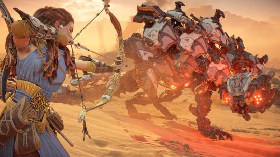 Horizon Forbidden West Transport Machines: Aloy can be seen attacking a Rollerback.