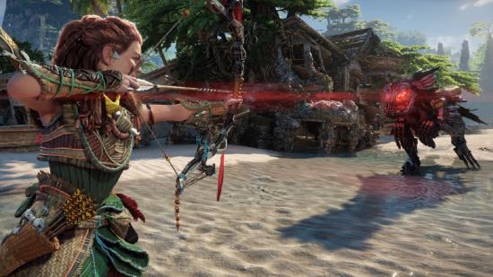 Horizon Forbidden West Unlock Valor Surges: Aloy can be seen firing a bow at a machine