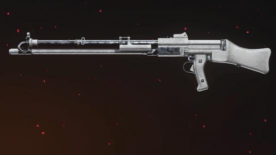 KG M40 Warzone loadout: A long-barrelled assault rifle covered in diamond camo, set against a black background