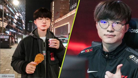 LCK T1 Faker: Faker holding chicken and Faker giving a thumbs up
