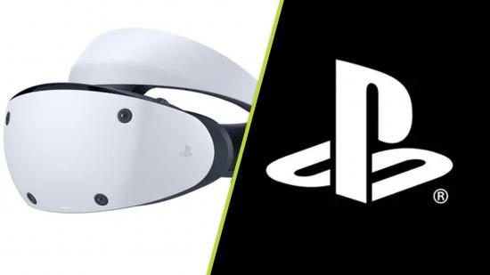 PSVR 2 Design: The PSVR 2 headset and the PlayStation logo are seen next to one another