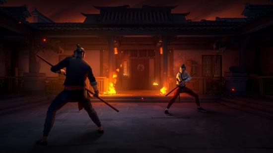 Sifu Shrine Locations: two fighters can be seen squaring up in front of a burning shrine.