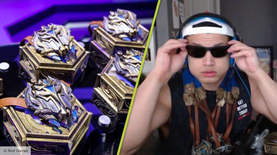 League of Legends streamer Tyler1 wearing commemorative medals showing the Challenger rank emblem. He's also wearing a pair of sunglasses
