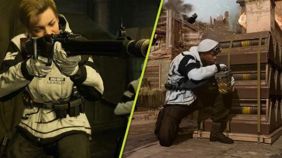 Vanguard ranked mode: A split image showing two operators wearing Call of Duty League skins. The first is aiming an assault rifle, and the second is crouched next to abombsite in search and destroy
