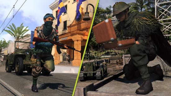 Warzone Pacific Season 2 buffs and nerfs: A split image showing two operators in Warzone's Caldera map. The one on the left is running down a street, chased by a green jeep. The one on the right is crouched, looking inside a brown box