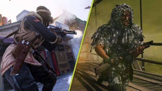 Warzone Season 2 patch notes: a split image of two operators in Warzone. The first is a female operator firing her weapon. The second is a male operator in a ghillie suit running across a bridge