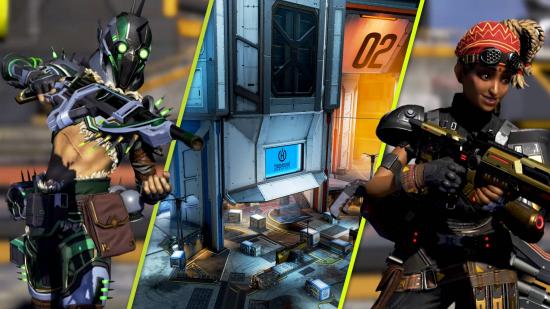 Apex Legends Drop-Off Arena Map: Three images, two of new Apex Legends skins for Octane and Rampart and one of the new Drop-Off Arenas map