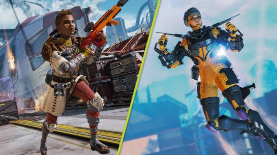 Apex Legends PS5 DualSense features: A split image of two Apex Legends characters. On the left is Bangalore running with a gun in hand, and on the right is Valkyrie boosting into the air