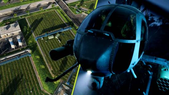 Battlefield 2042 map changes: Two images, one of some proposed map changes to Renewal (showing a more open field area) and one of a small helicopter from Battlefield 2042 promotional images