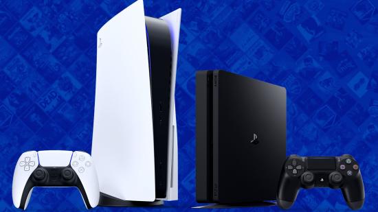 Can PS4 play PS5 Games: An image of both the PS4 and the PS5 on a blue background