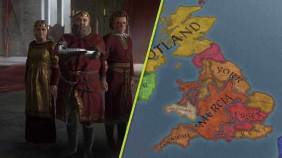 Crusader Kings 3 console review: a royal family of a king, queen and prince stand in gold and red outfits. To the right is a large map showing historical realms of the United Kingdom