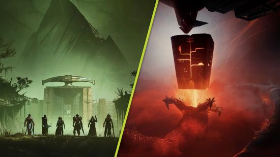 Destiny 2 Vow of the Disciple Contest Mode: A split image showing a fireteam standing in front of a large black pyramid shup, and a worm god bathed in red light looks up at a giant artifact