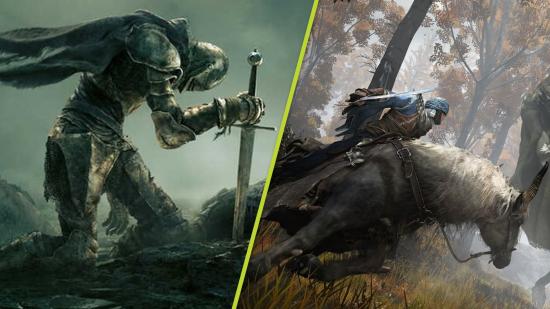 Elden Ring UK sales: A split image of two Elden Ring screenshots. In one, an armoured warrior kneels with his sword thrust into the ground. In the other, a warrior is galloping on a horse