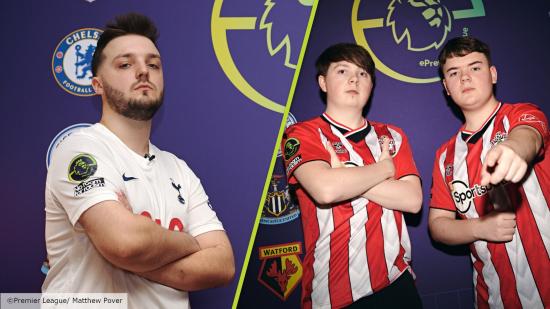 FIFA 22 ePremier League: A split image of competitors in the ePremier League finals. On the left is Gorilla representing Spurs, and on the right is Michael Fisher and Robbie Wilson representing Southampton