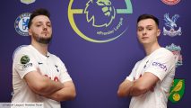 FIFA 22 ePremier League: Spurs players Tom Leese and Gorilla stand in front of the ePremier League logo with their arms folded