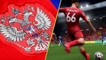 FIFA 22 Remove Russia: Two images, one of the Russian National Football Team badge and one of Trent Alexander Arnold in FIFA 22
