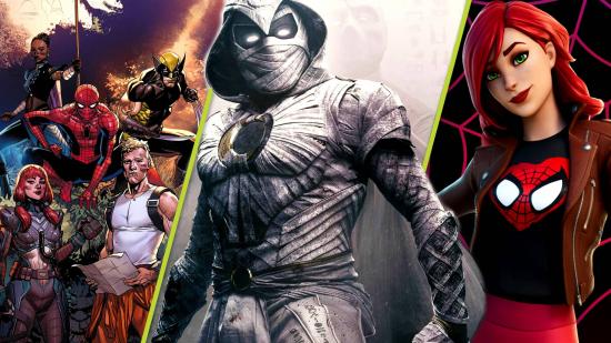 Fortnite Moon Knight Skin: Three images, one of Fortnite's Zero War comic cover, one of Moon Knight from the Disney Plus series, and one of MJ Watson's Fortnite skin