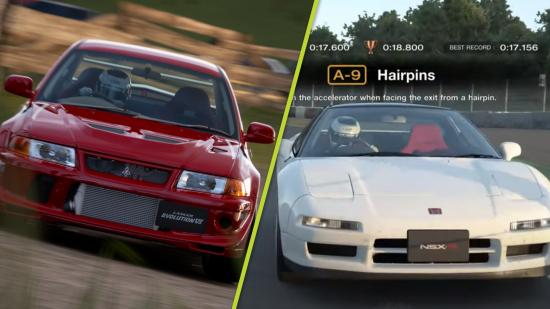 A split image of a red Mitsubishi Lancer drifting in Gran Turismo 7 and a screenshot of a white Honda NSX attempting the A-9 License test