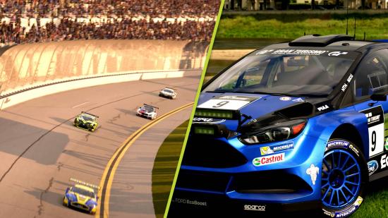 Gran Turismo 7 Money Glitch: Two images, one of the Daytona Speedway in-game and another of a Ford Focus Gr.B Rally Car in-game