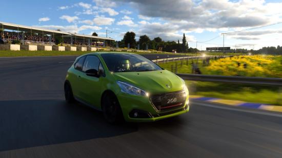 Gran Turismo 7 review: A green Peugeot hatchback takes a sweeping bend with a sunset in the background